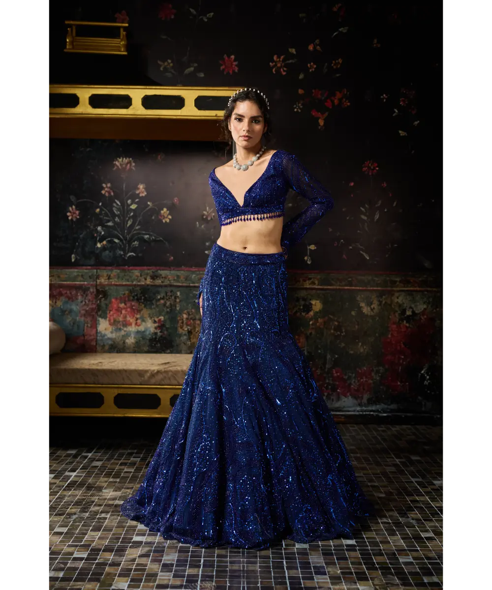 DIYARAJVVIR - ELECTRIC BLUE EMBELLISHED MERMAID SKIRT SET